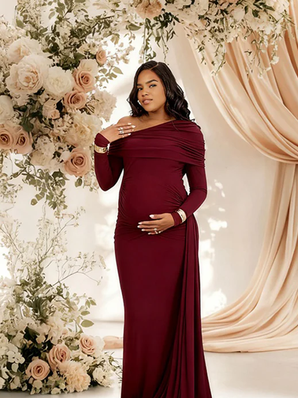 Momnfancy Oblique Shoulder Ruched Bodycon Trailing Photoshoot Maternity Maxi Dress