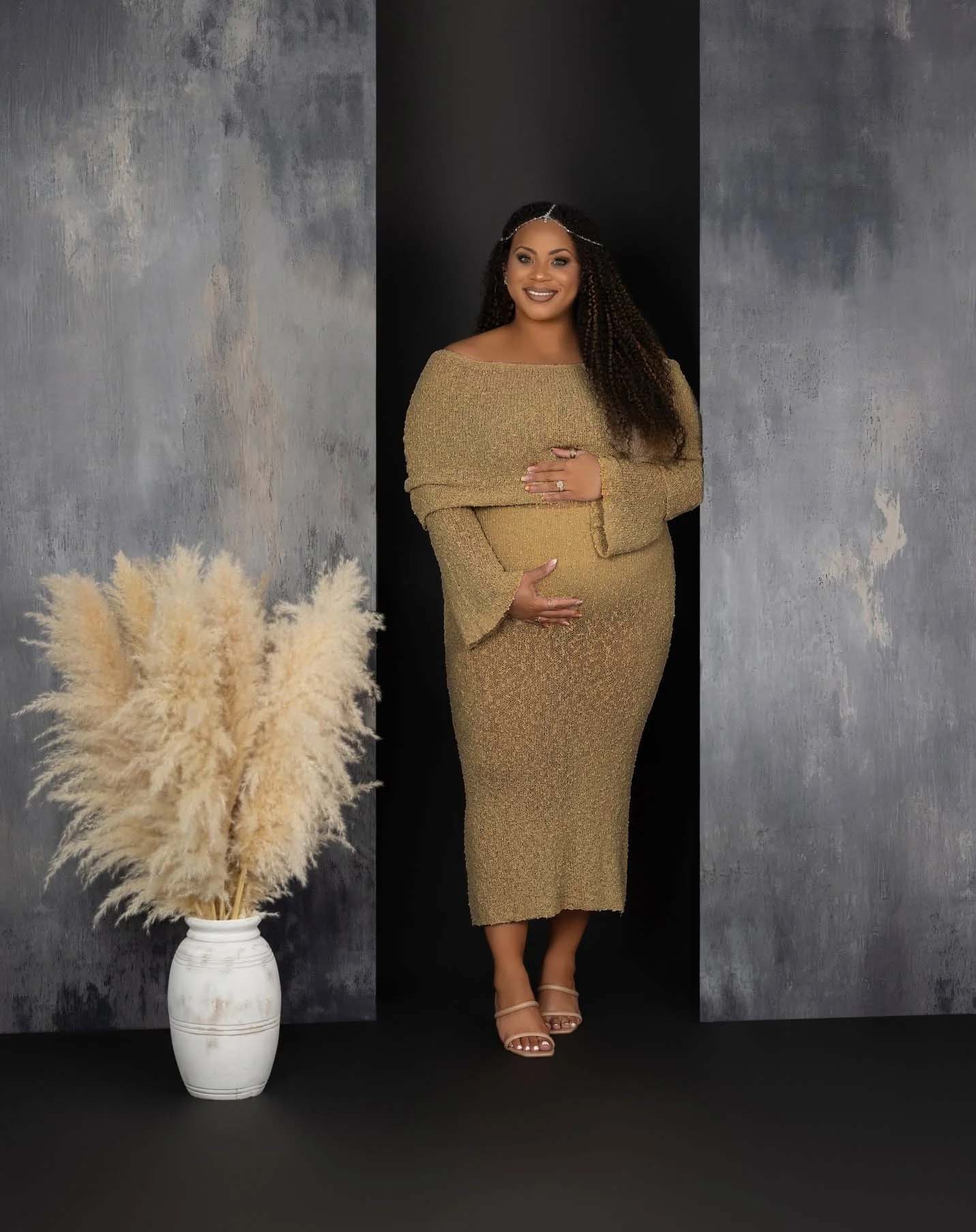 Momnfancy Solid Color Off Shoulder Knitwear Bodycon Baby Shower Maternity Maxi Dress