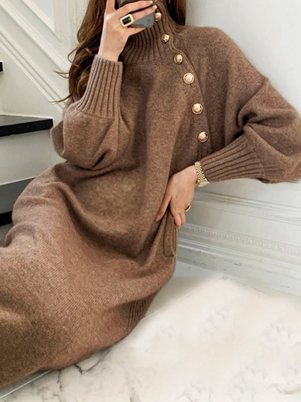 Momnfancy Knitted Buttons High Neck Long Sleeve Sweater Maternity Midi Dress