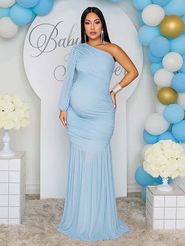 Momnfancy Mesh One Shoulder Ruched Irregular Mermaid Bodycon Cocktail Evening Gown Baby Shower Maternity Maxi Dress