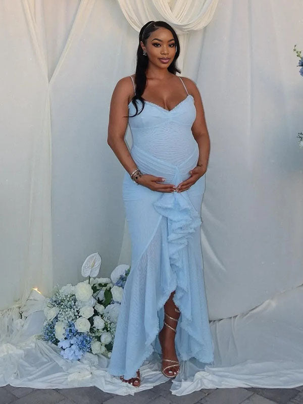 Momnfancy Blue Mesh Ruffle Irregular Bodycon Mermaid Party Evening Gown Baby Shower Maternity Maxi Dress