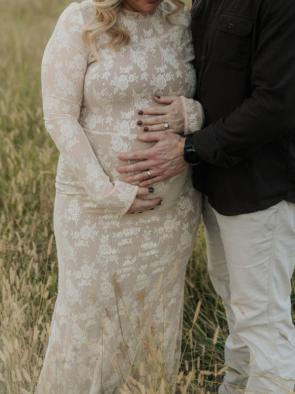 Momnfancy White Lace Ruffle Mermaid Long Sleeve Bodycon Elegant Boho Photoshoot Maternity Maxi Dress