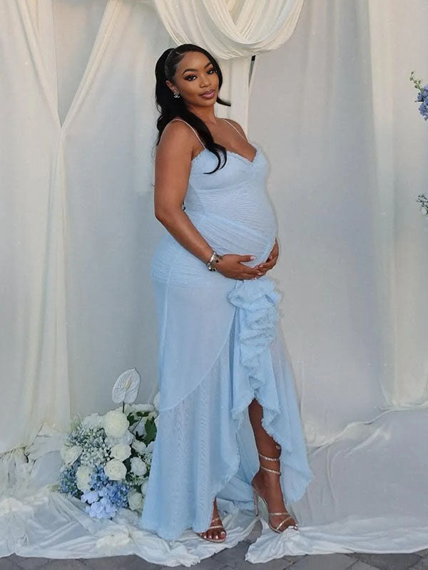 Momnfancy Blue Mesh Ruffle Irregular Bodycon Mermaid Party Evening Gown Baby Shower Maternity Maxi Dress