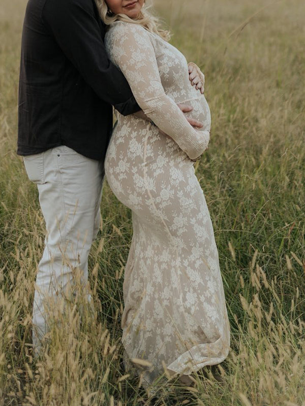 Momnfancy White Lace Ruffle Mermaid Long Sleeve Bodycon Elegant Boho Photoshoot Maternity Maxi Dress