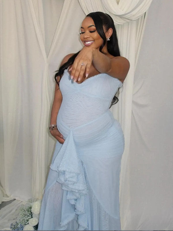 Momnfancy Blue Mesh Ruffle Irregular Bodycon Mermaid Party Evening Gown Baby Shower Maternity Maxi Dress