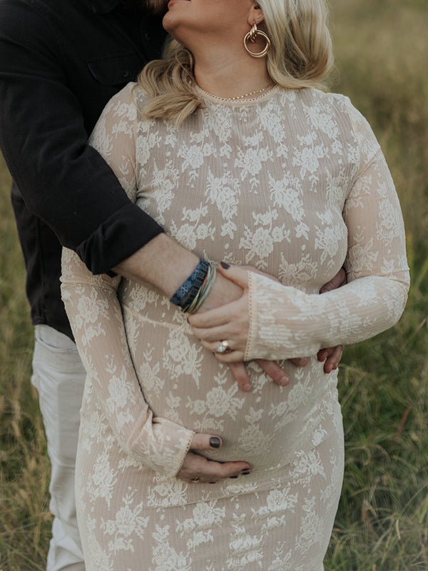 Momnfancy White Lace Ruffle Mermaid Long Sleeve Bodycon Elegant Boho Photoshoot Maternity Maxi Dress