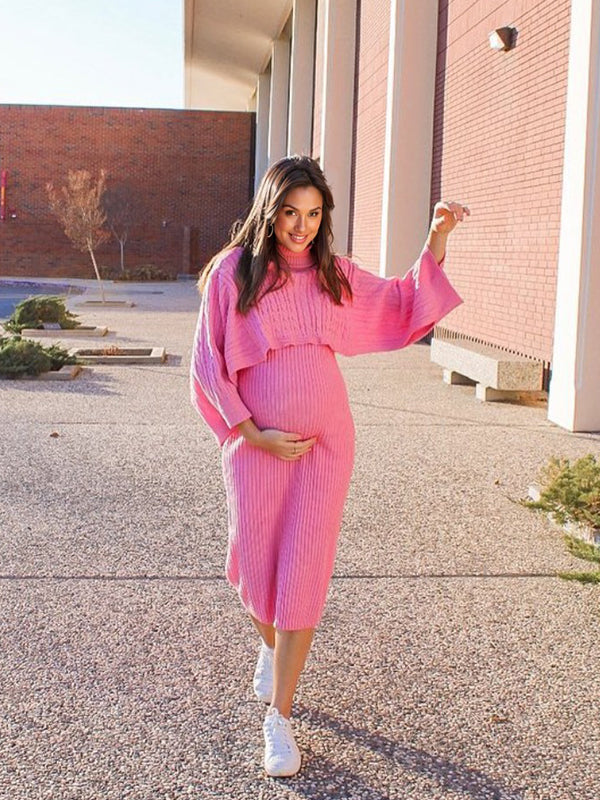 Momnfancy Solid Color Knitting 2-in-1 Bodycon Baby Shower Maternity Sweater Midi Dress