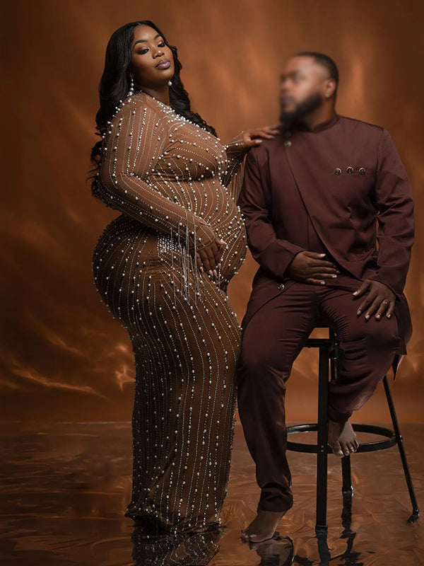 Momnfancy Brown Mesh Peal Rhinestone Tassel Bodycon Evening Gown Plus Size Photoshoot Maternity Maxi Dress