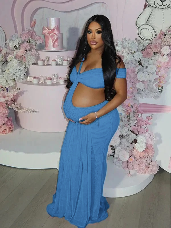 Momnfancy Blue Mesh Off Shoulder Ruched Cut Out Bodycon Evening Gown Baby Shower Maternity Maxi Dress