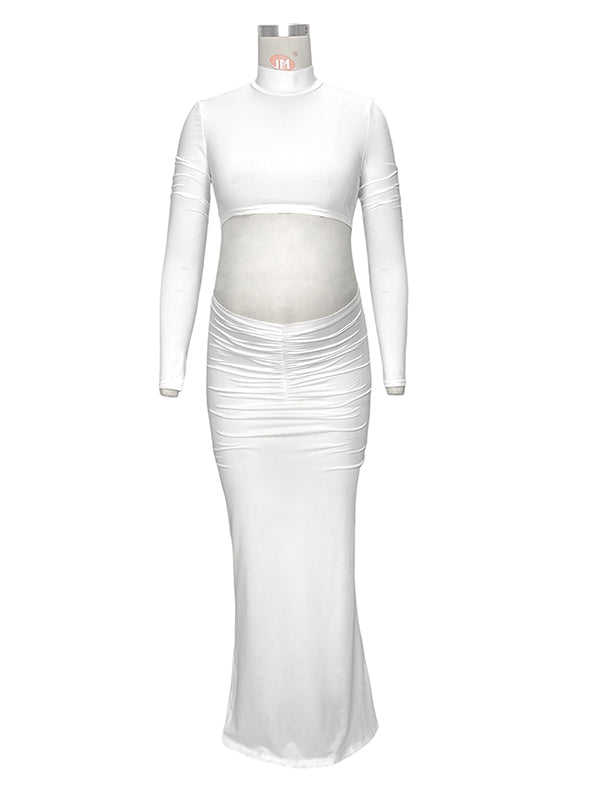 Momnfancy Solid Color Ruffle High Neck Crop Top 2-in-1 Long Sleeve Bodycon Club Party Photoshoot Maternity Maxi Dress