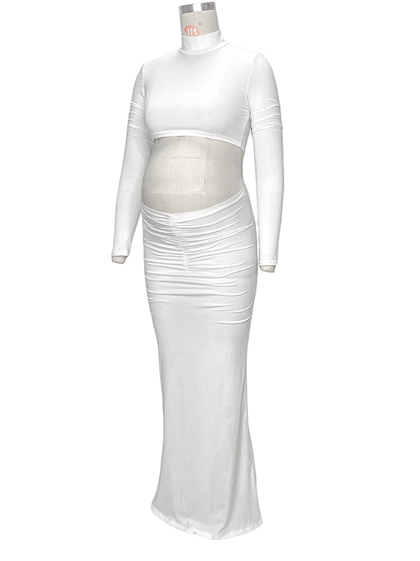 Momnfancy Solid Color Ruffle High Neck Crop Top 2-in-1 Long Sleeve Bodycon Club Party Photoshoot Maternity Maxi Dress
