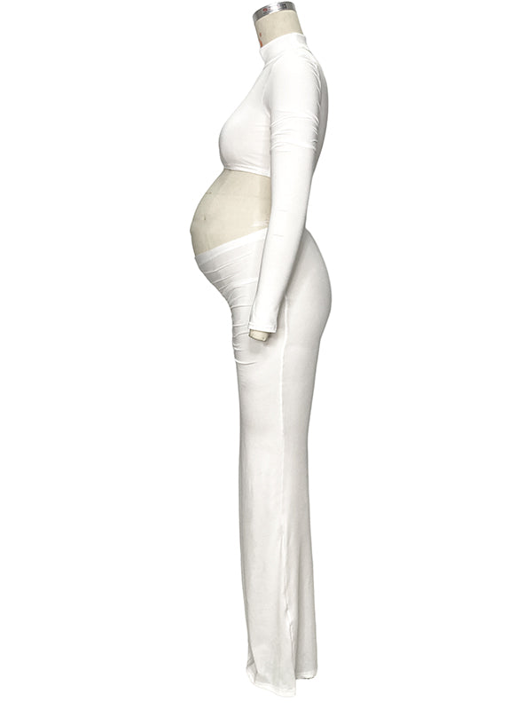 Momnfancy Solid Color Ruffle High Neck Crop Top 2-in-1 Long Sleeve Bodycon Club Party Photoshoot Maternity Maxi Dress