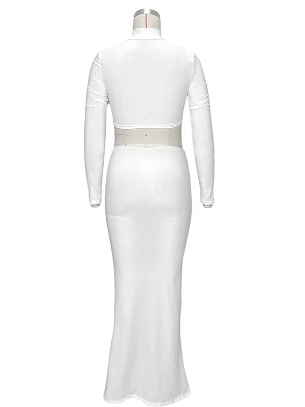Momnfancy Solid Color Ruffle High Neck Crop Top 2-in-1 Long Sleeve Bodycon Club Party Photoshoot Maternity Maxi Dress