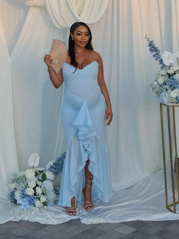 Momnfancy Blue Mesh Ruffle Irregular Bodycon Mermaid Party Evening Gown Baby Shower Maternity Maxi Dress