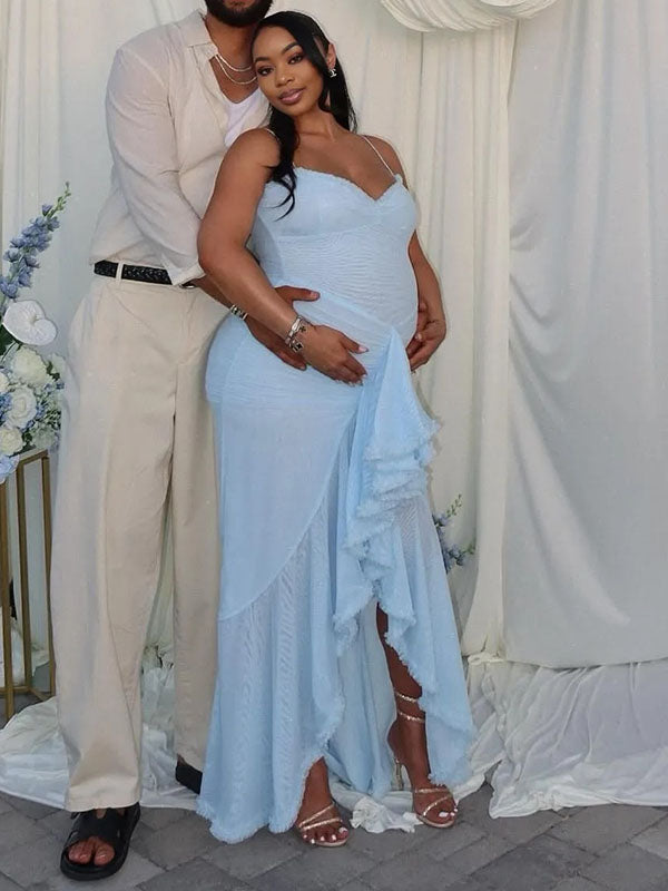 Momnfancy Blue Mesh Ruffle Irregular Bodycon Mermaid Party Evening Gown Baby Shower Maternity Maxi Dress