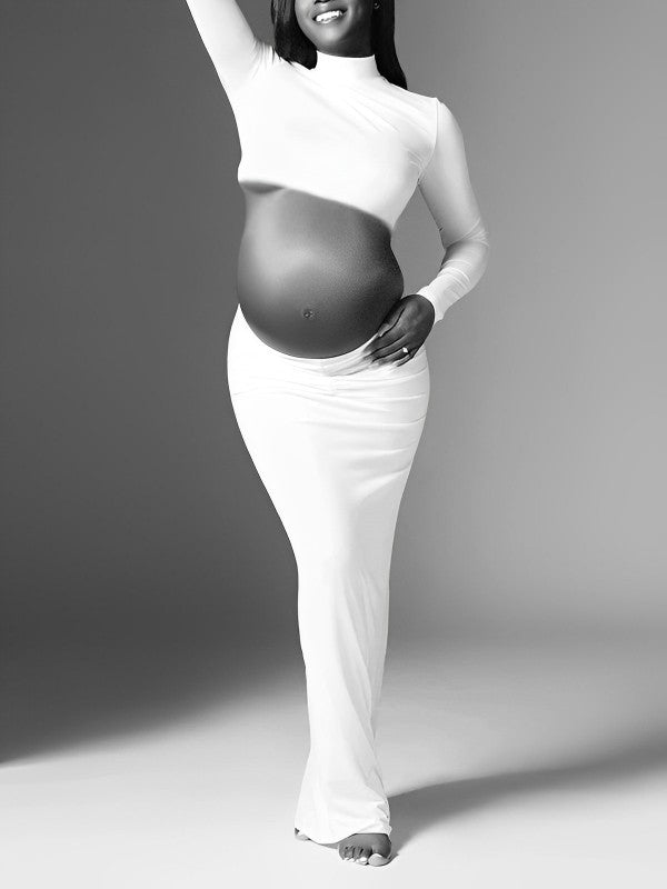 Momnfancy Solid Color Ruffle High Neck Crop Top 2-in-1 Long Sleeve Bodycon Club Party Photoshoot Maternity Maxi Dress