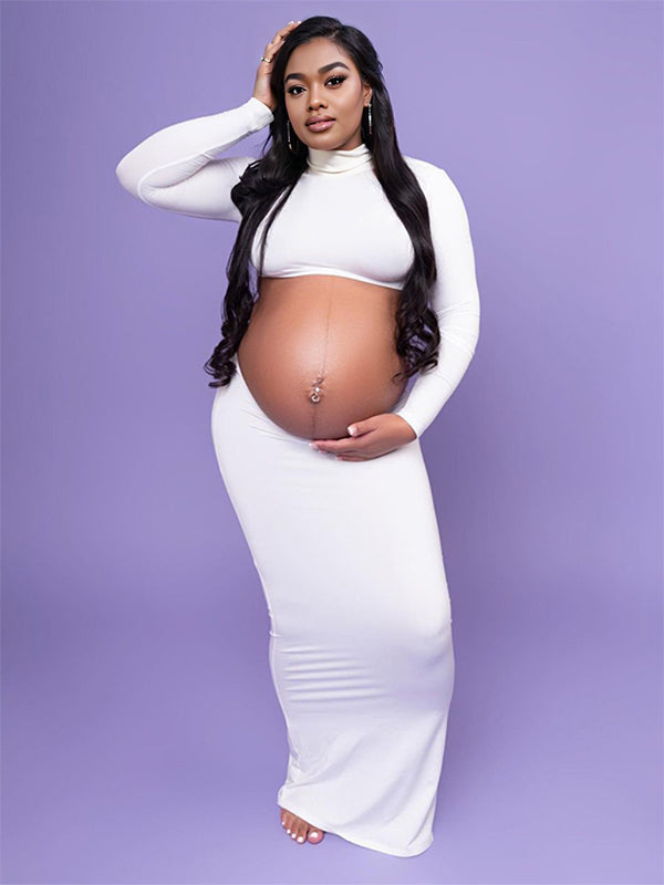 Momnfancy Solid Color Ruffle High Neck Crop Top 2-in-1 Long Sleeve Bodycon Club Party Photoshoot Maternity Maxi Dress