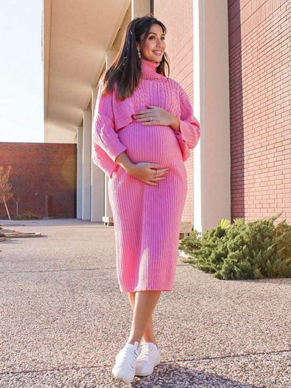 Momnfancy Solid Color Knitting 2-in-1 Bodycon Baby Shower Maternity Sweater Midi Dress