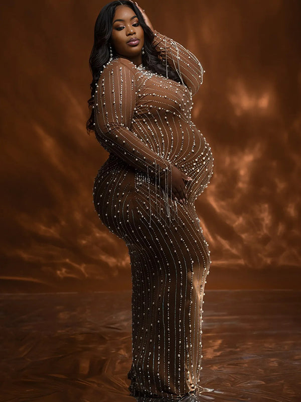 Momnfancy Brown Mesh Peal Rhinestone Tassel Bodycon Evening Gown Plus Size Photoshoot Maternity Maxi Dress
