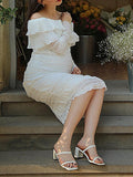 Momnfancy White Off Shoulder Ruffle Flare Sleeve Back Split Party Elegant Baby Shower Maternity Midi Dress