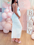 Momnfancy White Backless Ruffle Lace Up Oblique Shoulder Bodycon Spaghetti Strap Photoshoot Babyshower Maternity Maxi Dress