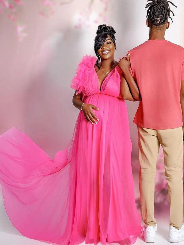 Momnfancy Plus Size Tulle Ruffle V-Neck Evening Gown Photoshoot Maternity Maxi Dress