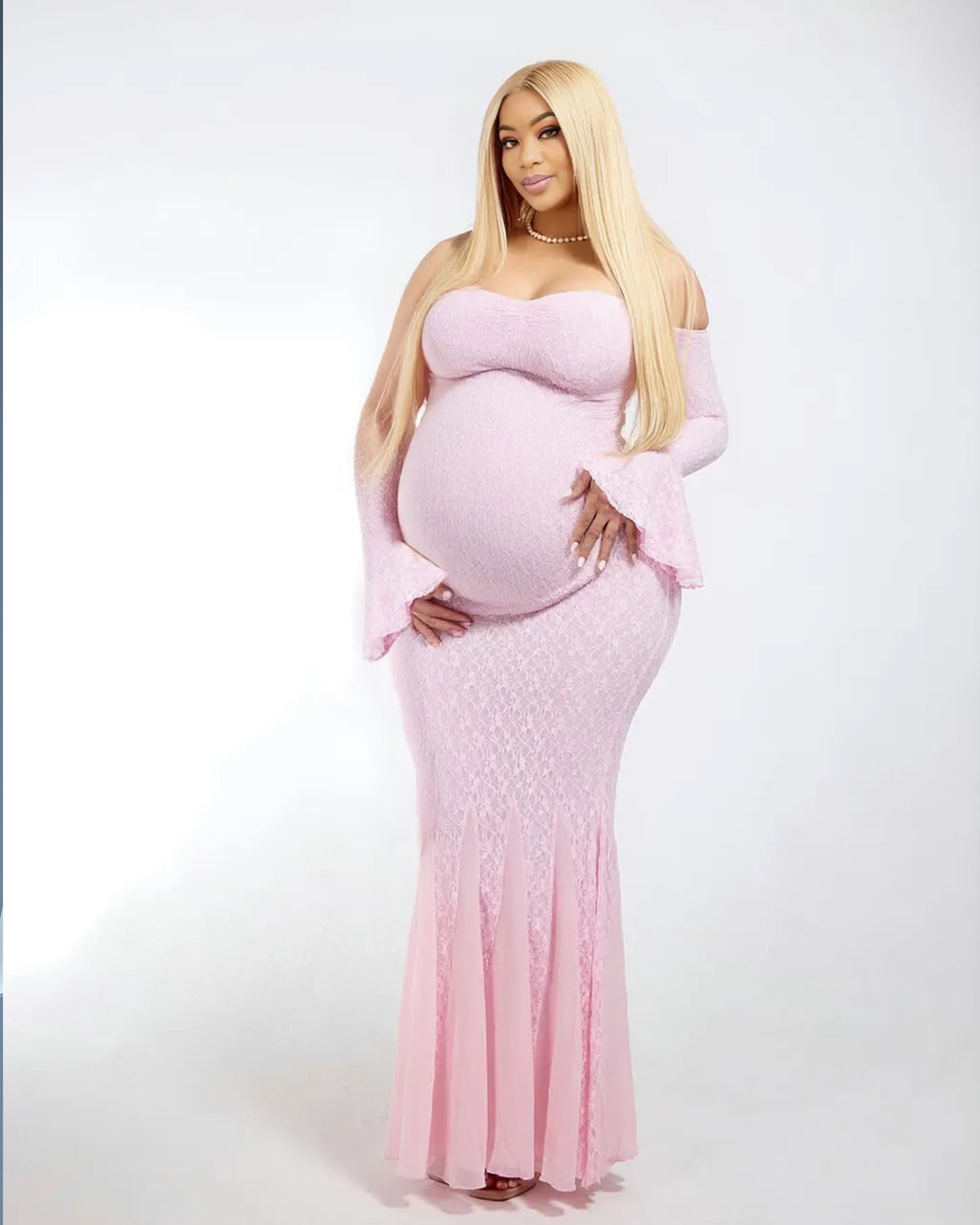 Momnfancy Pink Off Shoulder Bodycon Flare Long Sleeve Lace Mermaid Maternity Maxi Dress