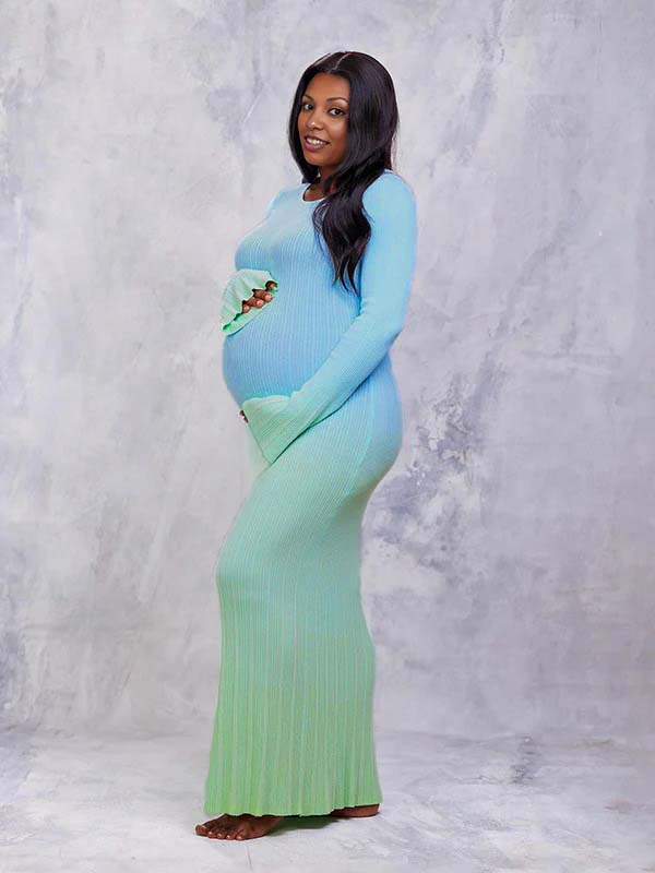 Momnfancy Light Blue Hit Color Flare Sleeve Mermaid Elegant Photoshoot Baby Shower Maternity Maxi Sweater Dress
