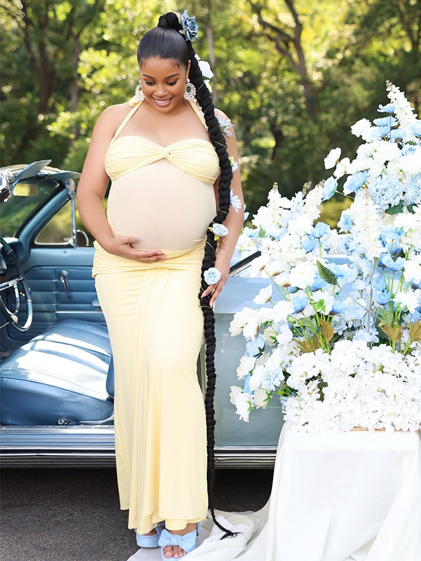 Momnfancy Halter Neck Backless Baby Shower Bodycon Maternity Maxi Dress