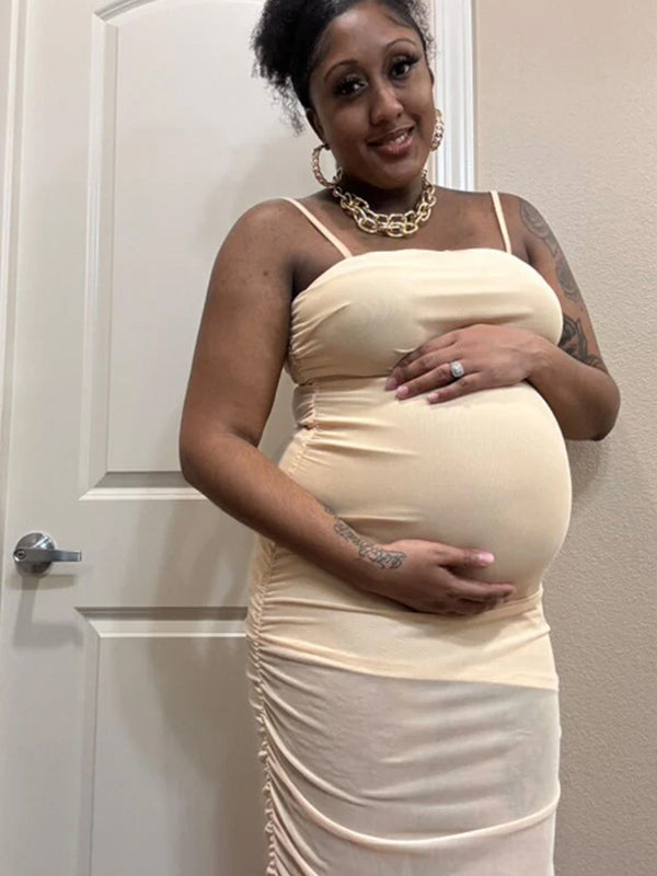 Momnfancy  Apricot Ruched Side Slit Maternity Photoshoot Maxi Dress