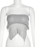 Momnfancy Grey 2 Pieces Tube Mesh Tie Slit Drawstring Chic Bodycon Photoshoot Baby Shower Maternity Maxi Dress