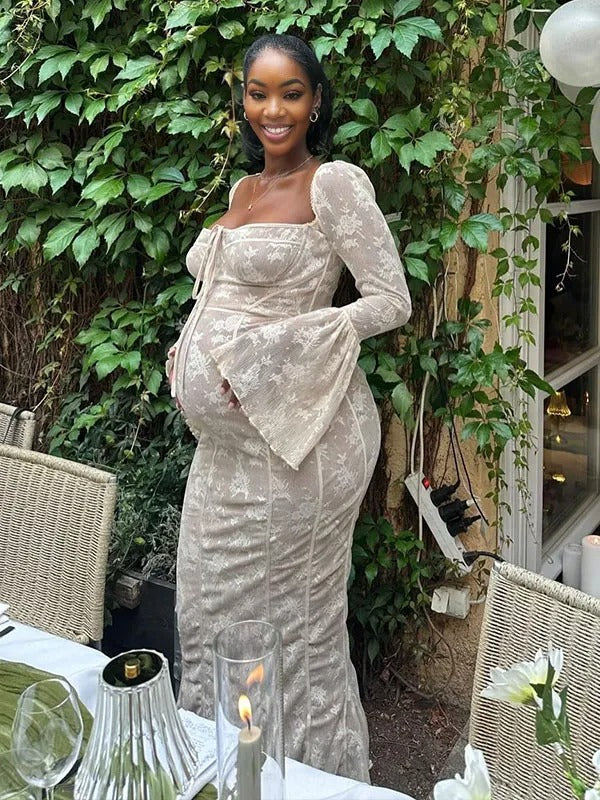 Momnfancy White Lace Corset Square Neck Flare Sleeve Off Shoulder Bodycon Elegant Cocktail Party Maternity Baby Shower Maxi Dress