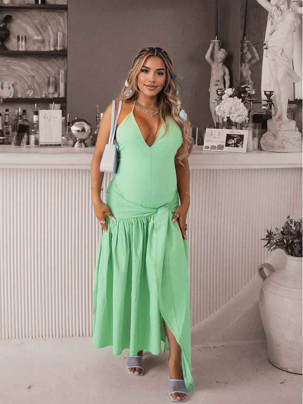 Momnfancy Green Side Slit Backless Bodysuit Baby Shower Maternity Maxi Dress