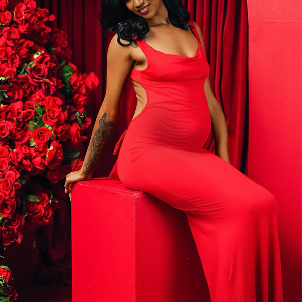 Momnfancy Solid Color Bow Tank Backless Mermaid Elegant Cocktail Party Maternity Maxi Dress