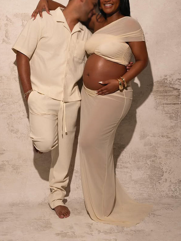 Momnfancy Oblique Shoulder Bodycon Crop Splicing Tube Top Maternity Maxi Dress