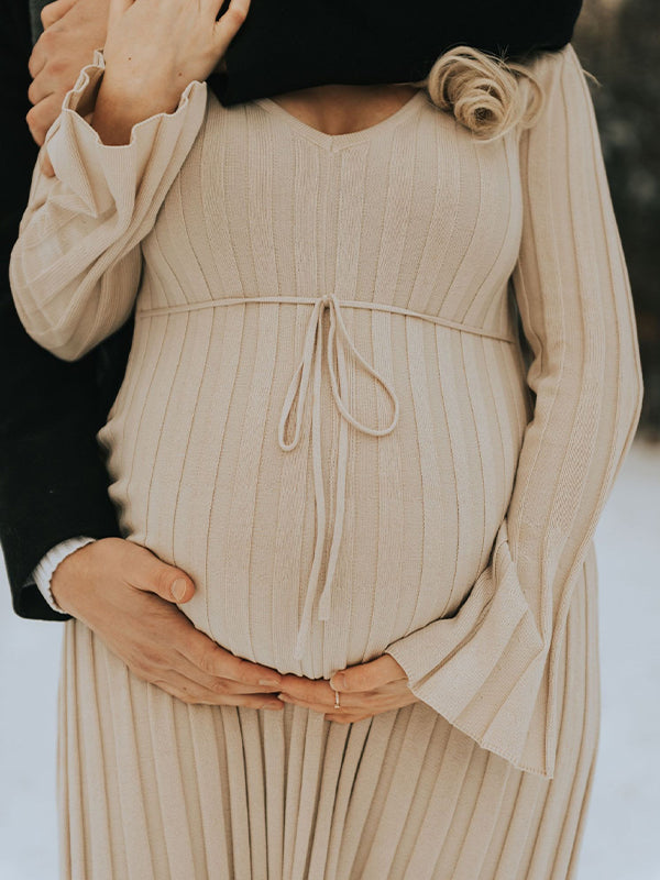 Momnfancy Knit Pleated Big Swing V-neck Plus Size Sweater Elegant Going Out Maternity Photoshoot Baby Shower Maxi Dress