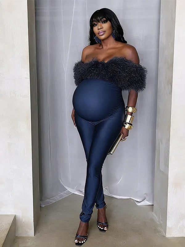 Momnfancy Off Shoulder Fluffy Fuzzy Bodycon Cap Sleeve Party Evening Baby Shower Maternity Jumpsuit