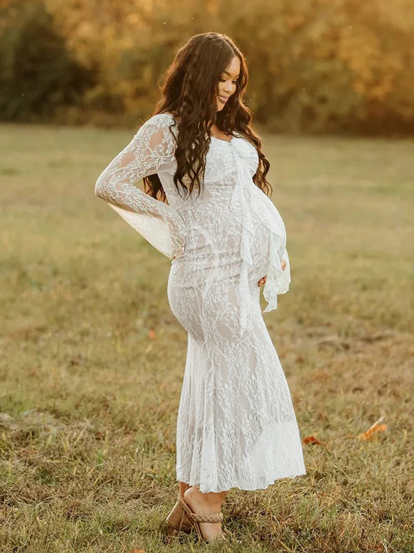 Momnfancy Lace 3D Flower Ruffle Long Sleeve Mermaid Bodycon Bridesmaid Gowns Photoshoot Maternity Maxi Dress