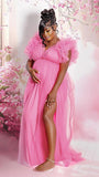 Momnfancy Pink Tulle Ruffle Sleeve Side Slit Swing V-neck Plus Size Maternity Photoshoot Maxi Dress
