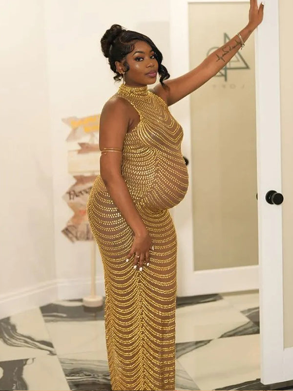 Momnfancy Gold Rhinestone Mesh Photoshoot Plus Size Evening Gown Babyshower Maternity Maxi Dress