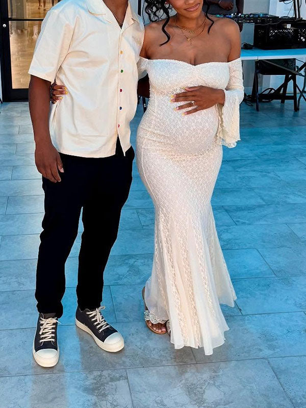 Momnfancy Lace Off Shoulder Mermaid Bodycon Baby Shower Maternity Maxi Dress