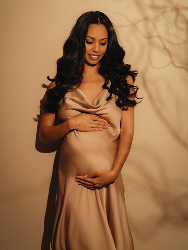 Momnfancy Satin Spaghetti Strap Tie Back Backless Maternity Maxi Dress