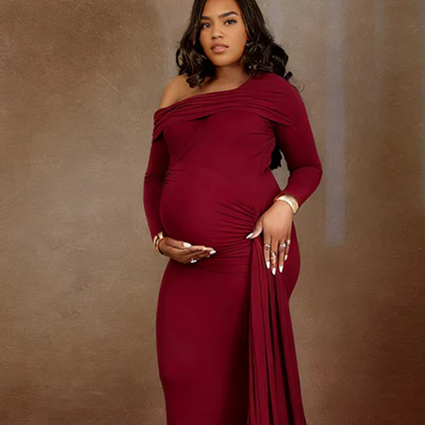 Momnfancy Oblique Shoulder Ruched Bodycon Trailing Photoshoot Maternity Maxi Dress