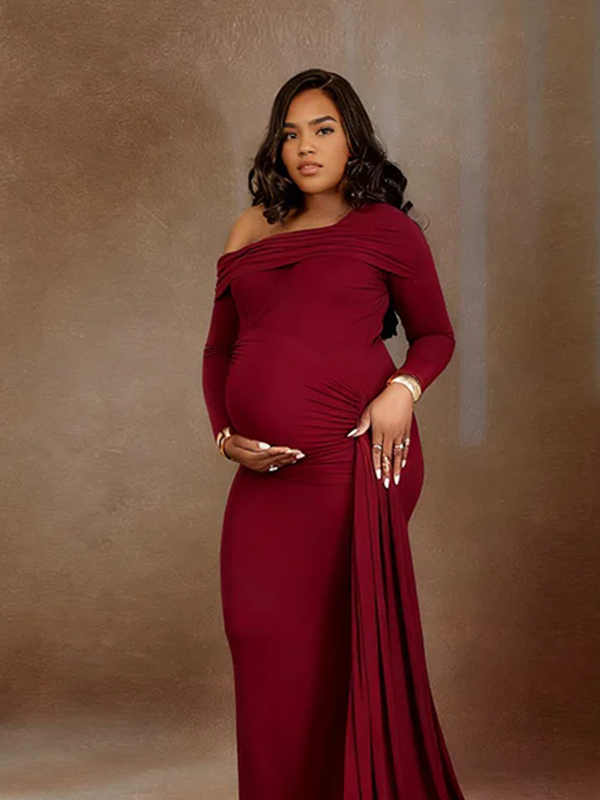 Momnfancy Oblique Shoulder Ruched Bodycon Trailing Photoshoot Maternity Maxi Dress