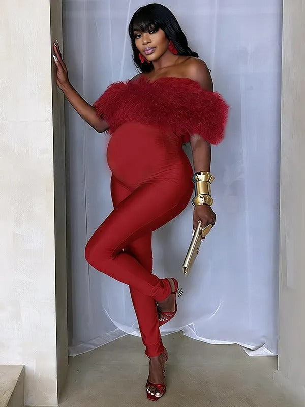 Momnfancy Off Shoulder Fluffy Fuzzy Bodycon Cap Sleeve Party Evening Baby Shower Maternity Jumpsuit