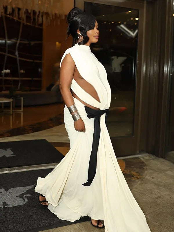 Momnfancy White Cut Out Bowknot Backless Bodycon Mermaid Evening Gown Baby Shower Maternity Maxi Dress