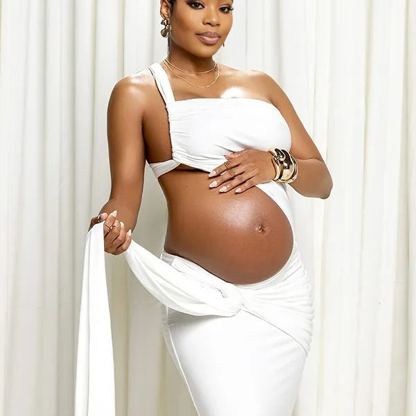 Momnfancy White One-Shoulder Ruched Crop Cut Out Draped Irregular Bodycon Photoshoot Maternity Maxi Dress