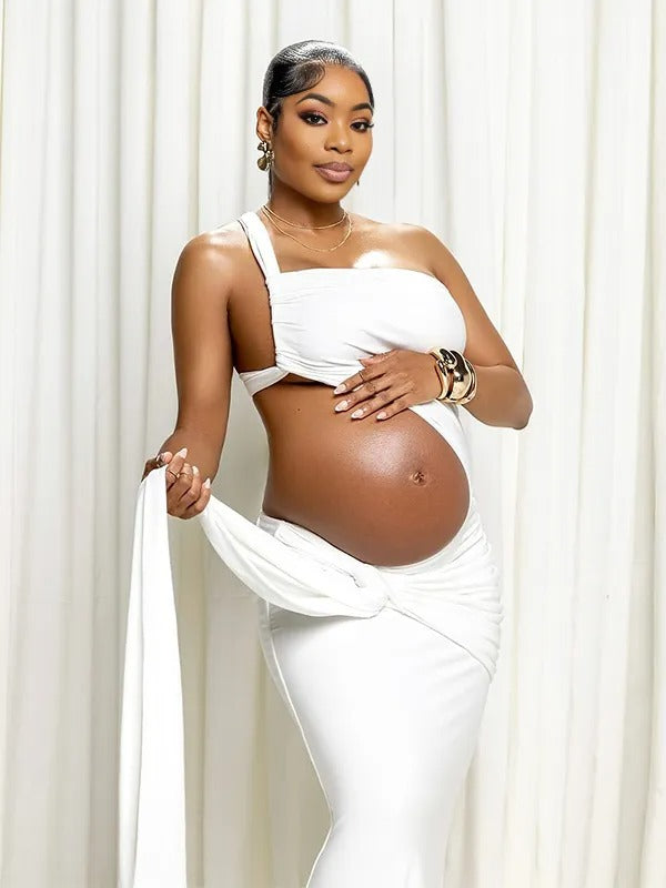 Momnfancy White One-Shoulder Ruched Crop Cut Out Draped Irregular Bodycon Photoshoot Maternity Maxi Dress