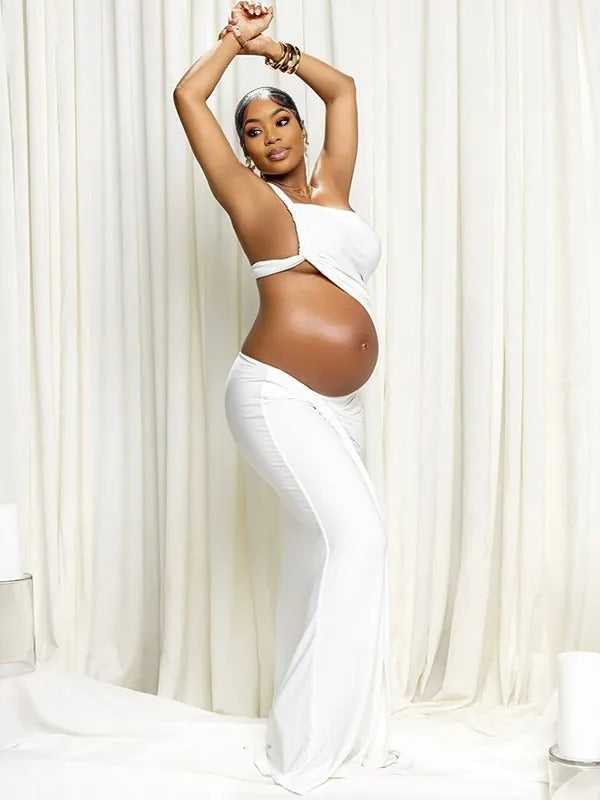Momnfancy White One-Shoulder Ruched Crop Cut Out Draped Irregular Bodycon Photoshoot Maternity Maxi Dress