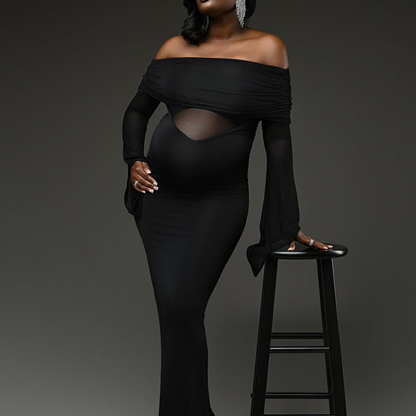 Momnfancy Boat Neck Flare Sleeve Sheer Maternity Maxi Dresses